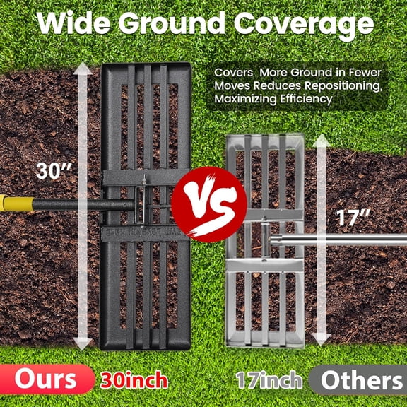 Lawn Leveling Rake Tool - 30”x10” Heavy Duty Stainless Steel Leveler, Foldable Anti Flipping Smooth Edge, 28-60" Adjustable, for top Soil Dressing, Yard Landscaping, Ground Soil, Sand, Dirt, Grass