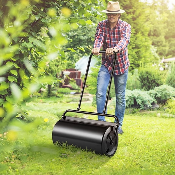 Lawn Roller 13 Gallon Large Capacity Sand/Water Filled, Heavy Duty Steel Material, with Easy-Turn Plug and U-Shaped Ergonomic Handle for Convenient Push and Pull, for Garden, Farm, Park, Black