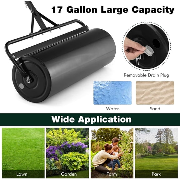 Lawn Roller, 17 Gallons/63 L Manual & Tow-Behind Steel Sod Roller w/Push Pull Handle, Lawn Rollers Tow Behind Water Filled for Yard, Park, Garden, Ball Field (17 Gallons, Black)$$Garden & Patio