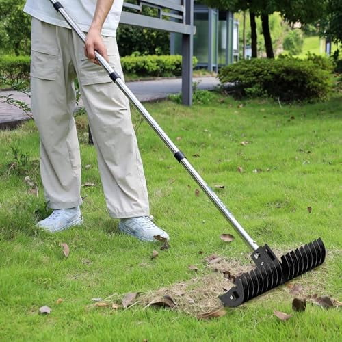 Lawn Thatch Rake, 15-Inch Steel Dethatching Tool, Adjustable 0-15° Angle and 38-68 Inch Length, Heavy-Duty Yard Rake for Dead Grass Removal and Lawn Care Updated (Black)