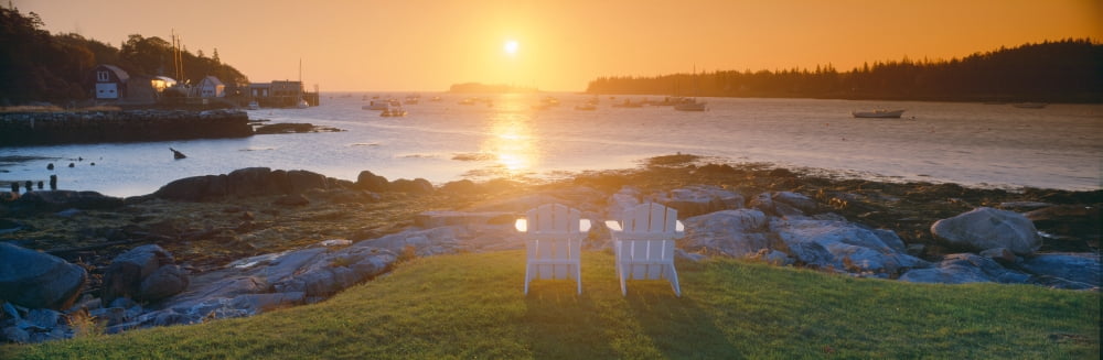 Lawn chairs at sunrise at Lobster Village Tenants Harbor Maine Canvas Art - Panoramic Images (36 x 12)