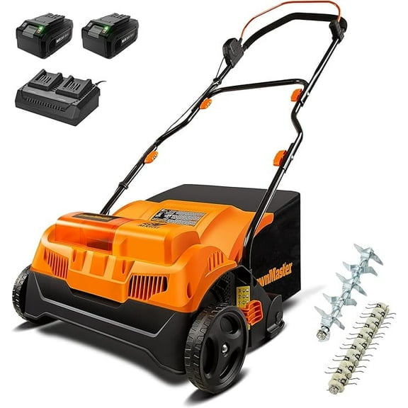 LawnMaster 48V MAX Brushless 16” Cordless Scarifier & Dethatcher with Removable Thatch Collection Bag Quick-Fold – CLGVB4816