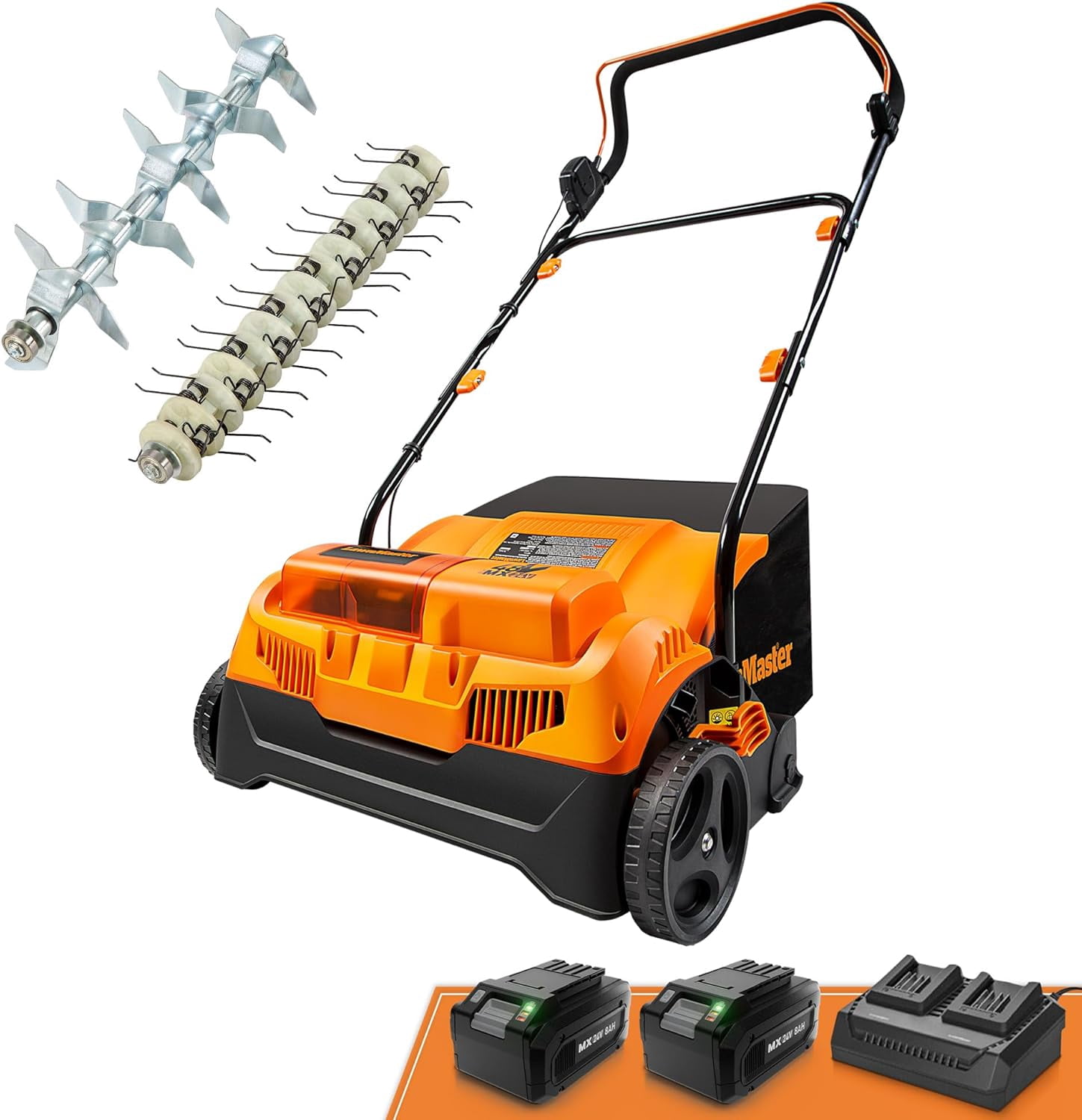 LawnMaster 48V MAX Brushless 16” Cordless Scarifier & Dethatcher with Removable Thatch Collection Bag Quick-Fold – CLGVB4816