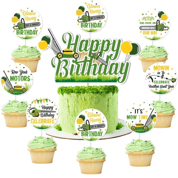Lawnmower Birthday Cake Toppers Mower Happy Birthday Party Decoration Green Tractor Decor For Boys Farm Temed Tractor Time Party Supplies