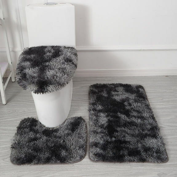 Lawor Thicken 3 Piece Bathroom Rug Setu-Shaped Contour Rug, Mat And Toilet Lid Cover,Water Absorbent Soft Microfiber Shaggy Bathroom Mat,For Tub, Shower, Bath Room,Machine Washable Black Gray