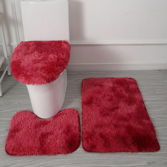 Lawor Thicken 3 Piece Bathroom Rug Setu-Shaped Contour Rug, Mat And Toilet Lid Cover,Water Absorbent Soft Microfiber Shaggy Bathroom Mat,For Tub, Shower, Bath Room,Machine Washable Wine