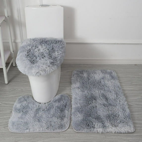 Lawor Thicken 3 Piece Bathroom Rug Setu-Shaped Contour Rug, Mat And Toilet Lid Cover,Water Absorbent Soft Microfiber Shaggy Bathroom Mat,For Tub, Shower, Bath Room,Machine Washable Light Gray