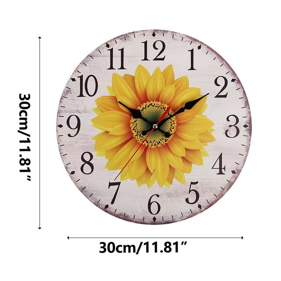 Lawor Yellow Sunflower Wooden Wall Clock Silent Non-Ticking, Flower Summer Wood Vintage Summer Round Rustic Wall Clocks Decor For Home Kitchen Living Room Office, Battery Operated B