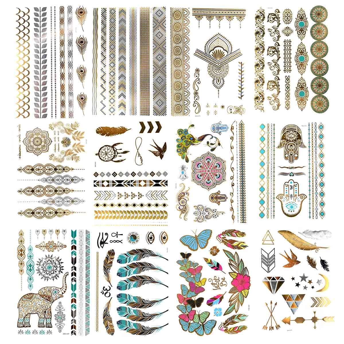Lawq 12 Sheets Flash Gold Metallic Temporary Tattoos for Women Girls ...