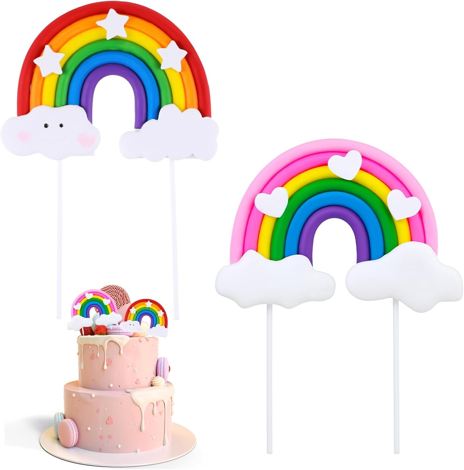 Lawq 2Pcs Rainbow Cake Topper Soft Pottery Rainbow Cake Decorations ...