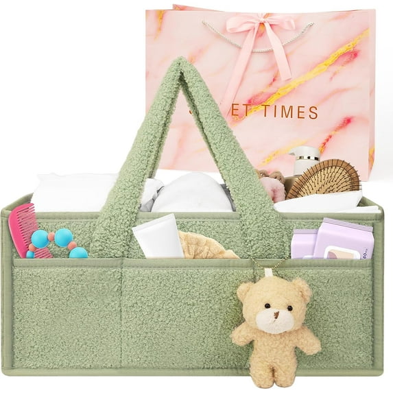 Liml Diaper caddy, wipes, and baby essentials. Versatile as a changing table organizer or car caddy. Portable and stylish in green. Comes with a gift bag—ideal for baby showers A415