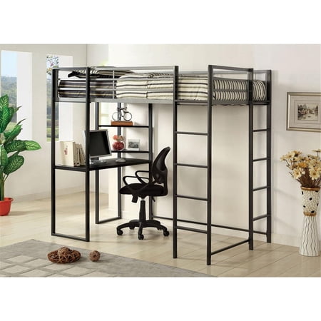 Metal Twin Size Bed With Work Station, Black