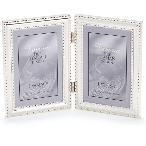 Lawrence Frames 4x6 Hinged Double (Vertical) Metal Picture Frame Silver-Plate with Delicate Beading