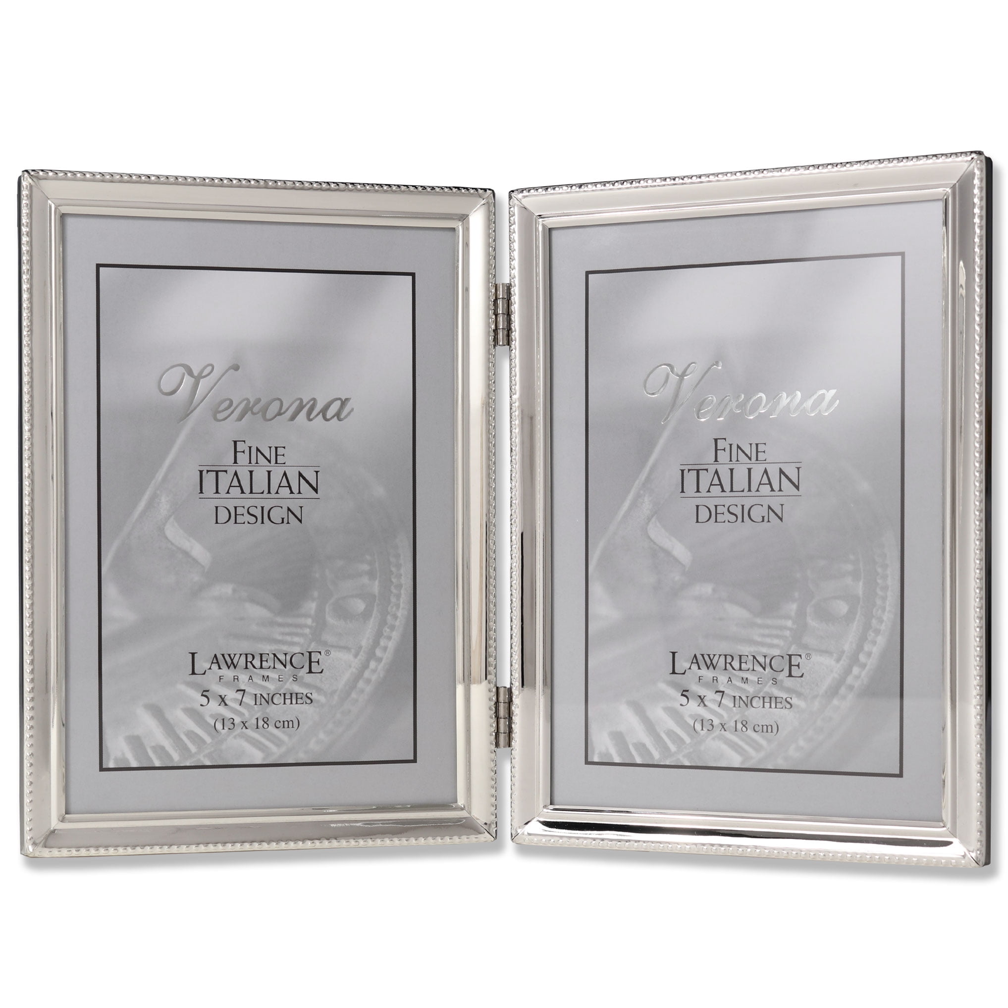 Elegant Polished Silver 5x7 Hinged Double Picture Frame with Bead Border