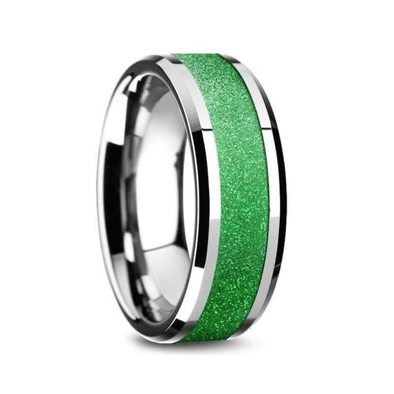 Lawrence Tungsten Carbide Bevel Edged Mens Ring With Sparkling Green Inlay
