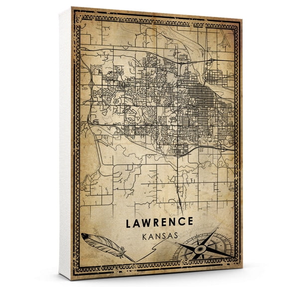 Lawrence Vintage Map Prints Canvas, Kansas Map Art Canvas, Canvas, Lawrence Map City style Watercolor art Canvas