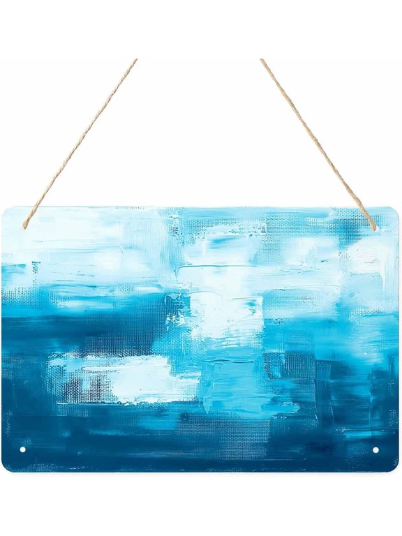 Blue White Hanging Plaque Wall Art Sign, Contemporary Yellow Street Art Retro Painting Metal Iron Personalized Printed Plaques Front Door Entryway Custom Horizontal Wall Decor for Bedroom Living Room