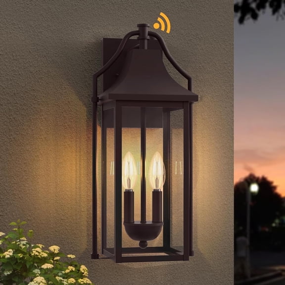Lawyettle 18" Outdoor Wall Sconce, 2-Light Waterproof Dusk to Dawn Exterior Lantern with Glass, Oil Rubbed Bronze Wall Light for Front Door Patio Porch