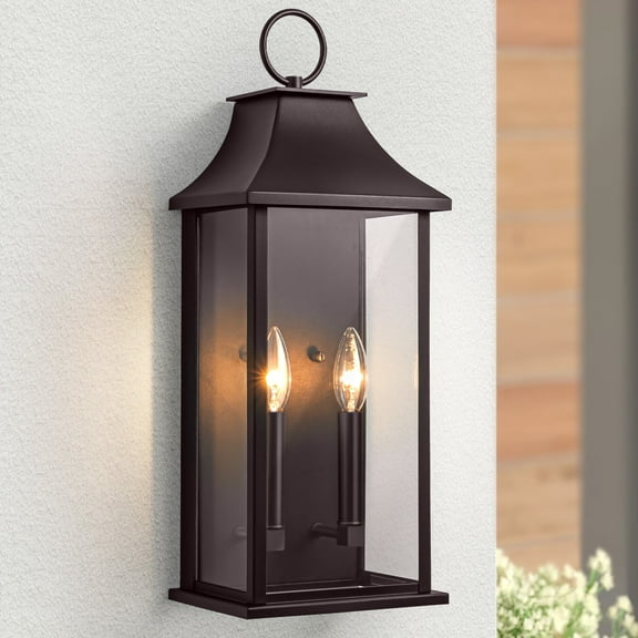 Lawyettle 20.6" Dusk to Dawn Outdoor Wall Light, 2-Light Large Bronze Wall Sconce with Glass, Waterproof Exterior Light Fixture for House, Porch, Garage