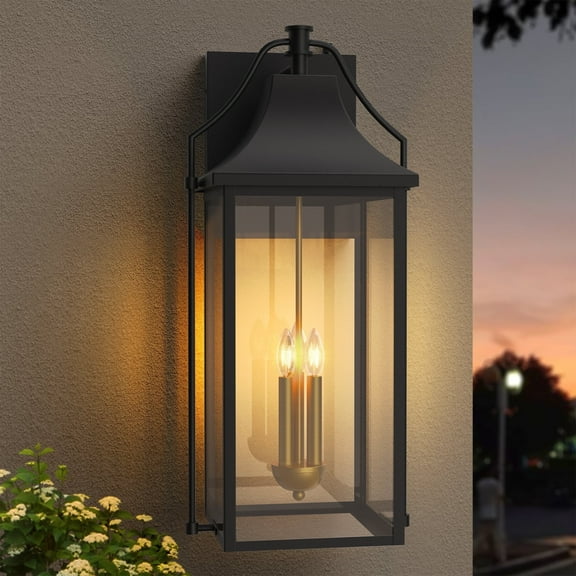 Lawyettle  Dusk to Dawn Outdoor Wall Light, 25" Large Waterproof Exterior Lantern with Glass, Modern Black Wall Sconce for Porch, Patio, Front Door