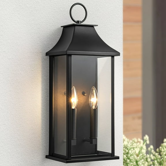 Lawyettle Black Outdoor Wall Light, 20.6-Inch Dusk to Dawn Sensor Exterior Lantern, Waterproof Porch Wall Sconce with 2-Light E12 Socket for Patio, Doorway, Garage