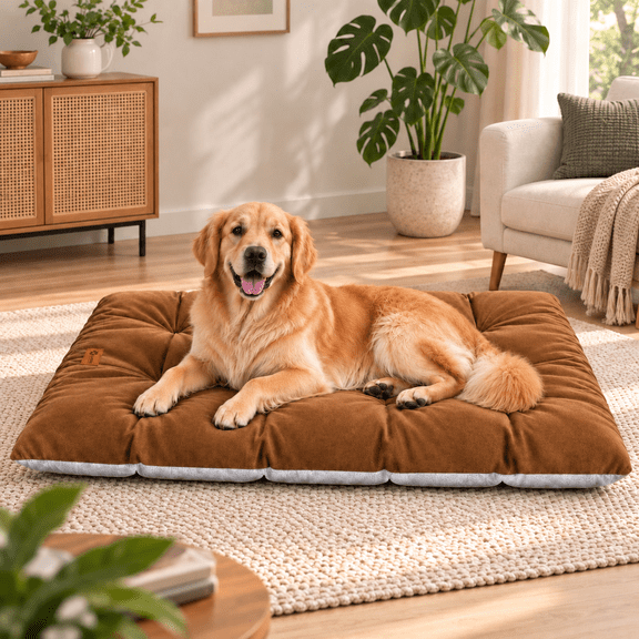 LAXDAGRE Plush Dog Bed for Medium Large Dogs, Soft Cushioned Dog Crate Bed with Non-Slip Bottom, Tufted Kennel Pad & Pet Sleeping Mat, Coffee, 36" x 23"