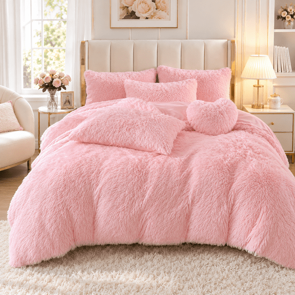 Laxdagre Velvet Duvet Cover Set Fluffy Bedding 4-Piece Set, Soft All-Season Warm with Heart Pillow, Solid Color for Queen Sizes