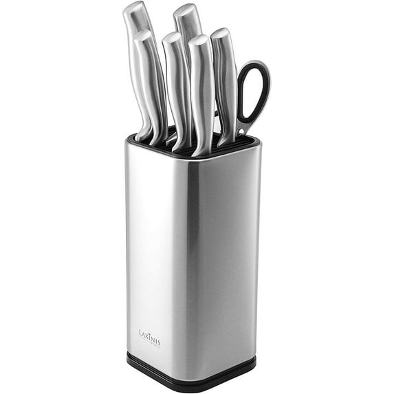 Laxinis World Universal Knife Block, Stainless-Steel Modern Rectangular Design with Scissors-Slot, Knife Holder Counter-top Storage, Holds 12 8”-Blade Knives, 9.1” by 4”