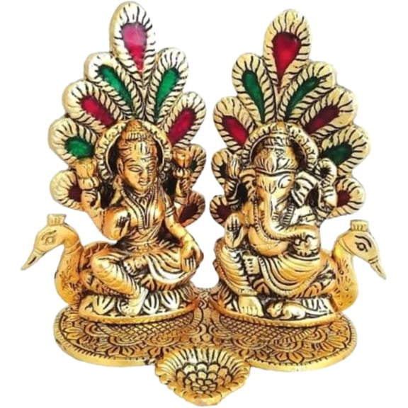 Laxmi Ganesh Idol with Diya Peacock Murti Idol Sculpture Gift for Home and Office Decor