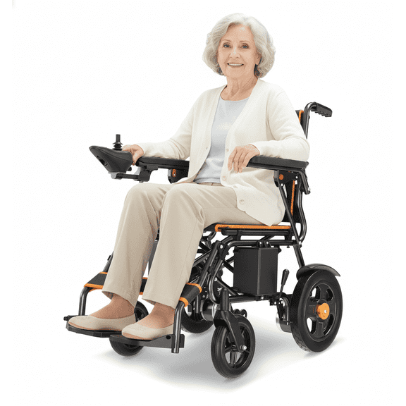 Laxodor Foldable Lightweight Electric Wheelchair, All-Terrain Motorized Wheelchair for Seniors with 360°Joystick, Orange