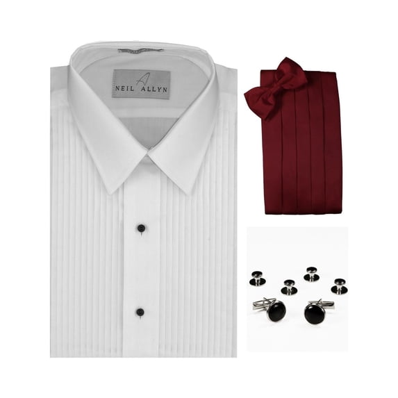 Lay-Down Collar Formal Tuxedo Shirt, Burgundy Cummerbund, Bow-Tie, Cuff Links & Studs Set