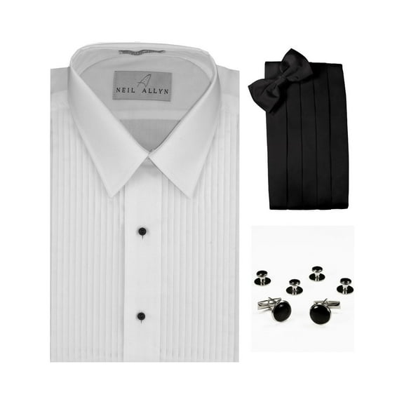 Lay-Down Collar Formal Tuxedo Shirt, Cummerbund, Bow-Tie, Cuff Links and Studs Set