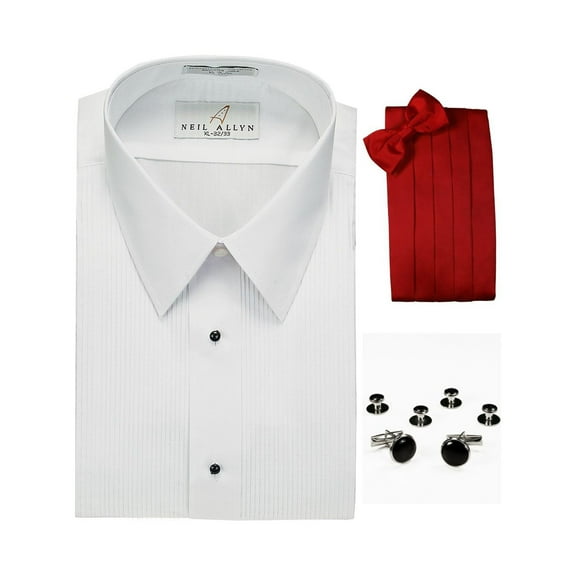 Lay-Down Collar Formal Tuxedo Shirt, Red Cummerbund, Bow-Tie, Cuff Links & Studs Set