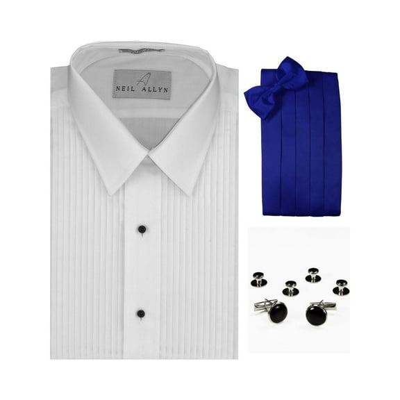 Lay-Down Collar Formal Tuxedo Shirt, Royal Blue Cummerbund, Bow-Tie, Cuff Links & Studs