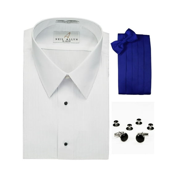 Lay-Down Collar Formal Tuxedo Shirt, Royal Blue Cummerbund, Bow-Tie, Cuff Links & Studs