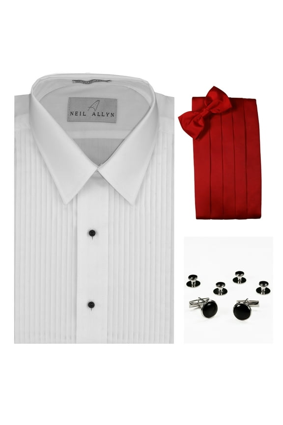 Lay-Down Collar Tuxedo Shirt, Red Cummerbund, Bow-Tie, Cuff Links & Studs Set