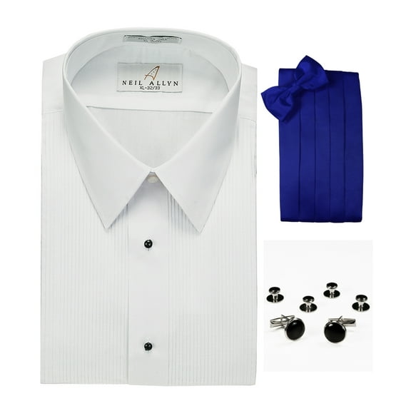 Lay-Down Collar Tuxedo Shirt, Royal Blue Cummerbund, Bow-Tie, Cuff Links & Studs