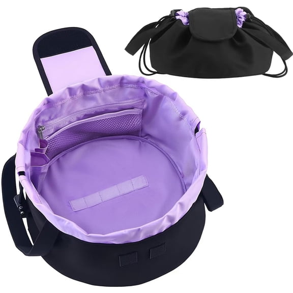 Lay Flat Drawstring Makeup Bag,Travel  Organizer for Women,Large Capacity Toiletry Bag,Portable Open-Flat Design for Skincare and Makeup Brushes (Purple)