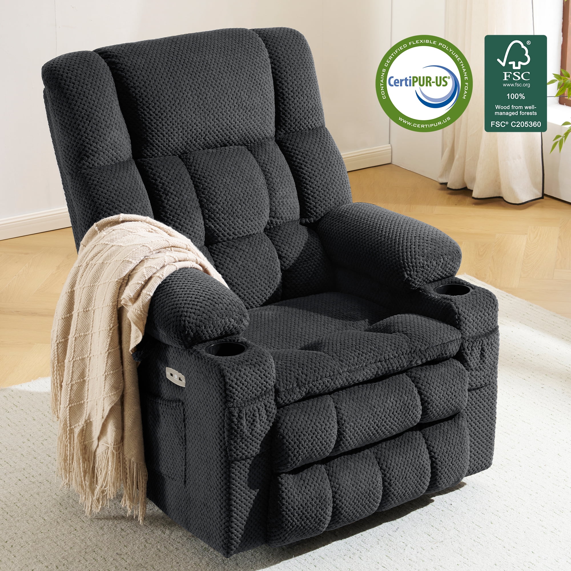 MCombo 22.4" Seat Width Lay Flat Dual Motor Power Recliner Lift Chair with Vibration and Heat, Infinite Position, Dark Grey