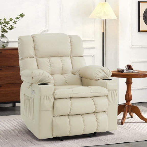 MCombo Lay Flat Dual Motor Power Lift Recliner with Massage and Heat for Petite Elderly, Infinite Position Lift Chair, Faux Leather (Small-Regular, Cream White)
