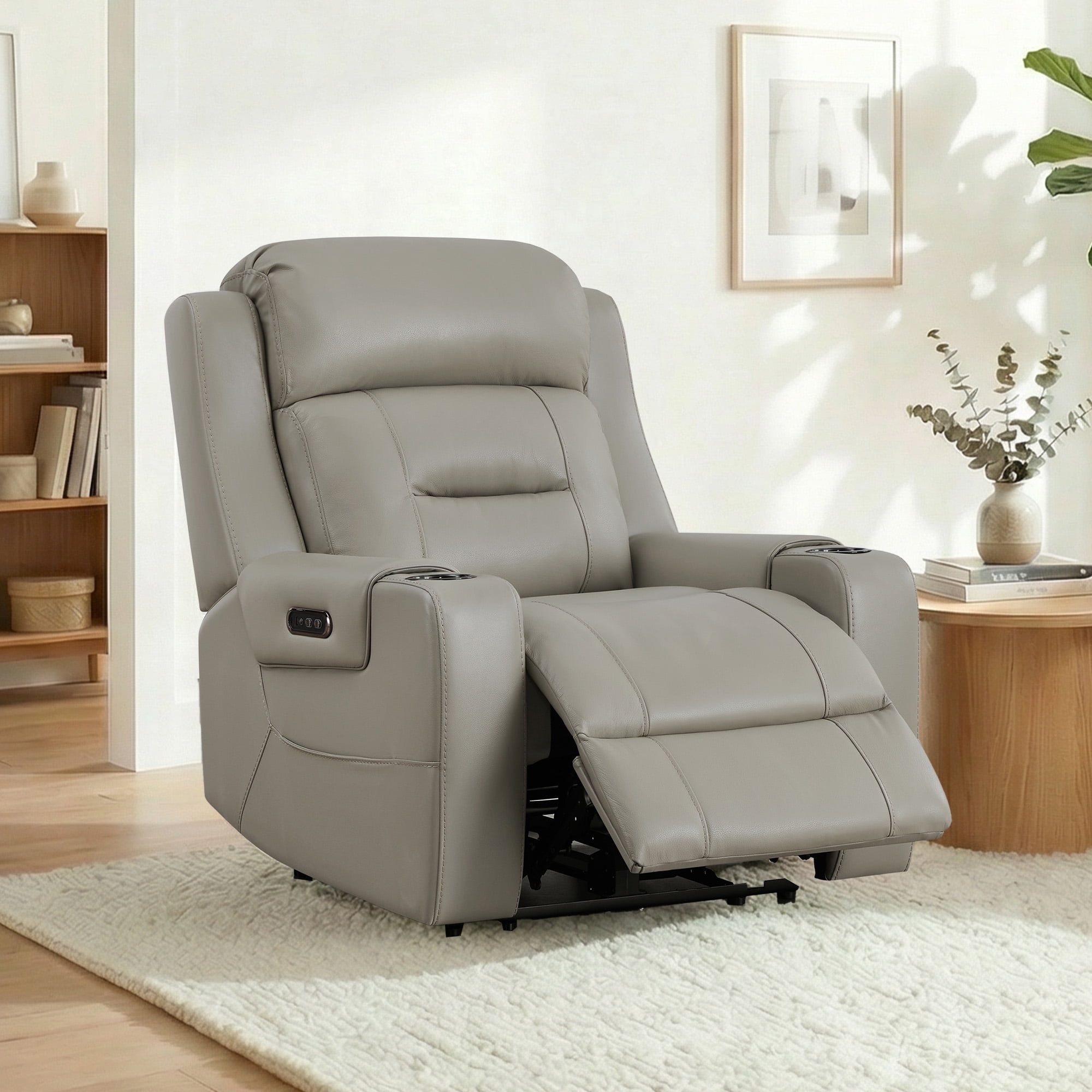 Spruce & Spring Lay-Flat Genuine Leather Power Recliner Chair with Headrest, Gray