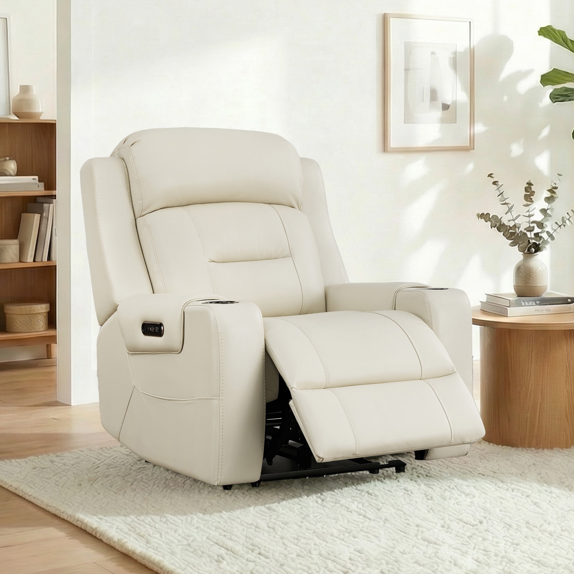 Spruce & Spring Lay-Flat Genuine Leather Power Recliner Chair with Headrest, Cream
