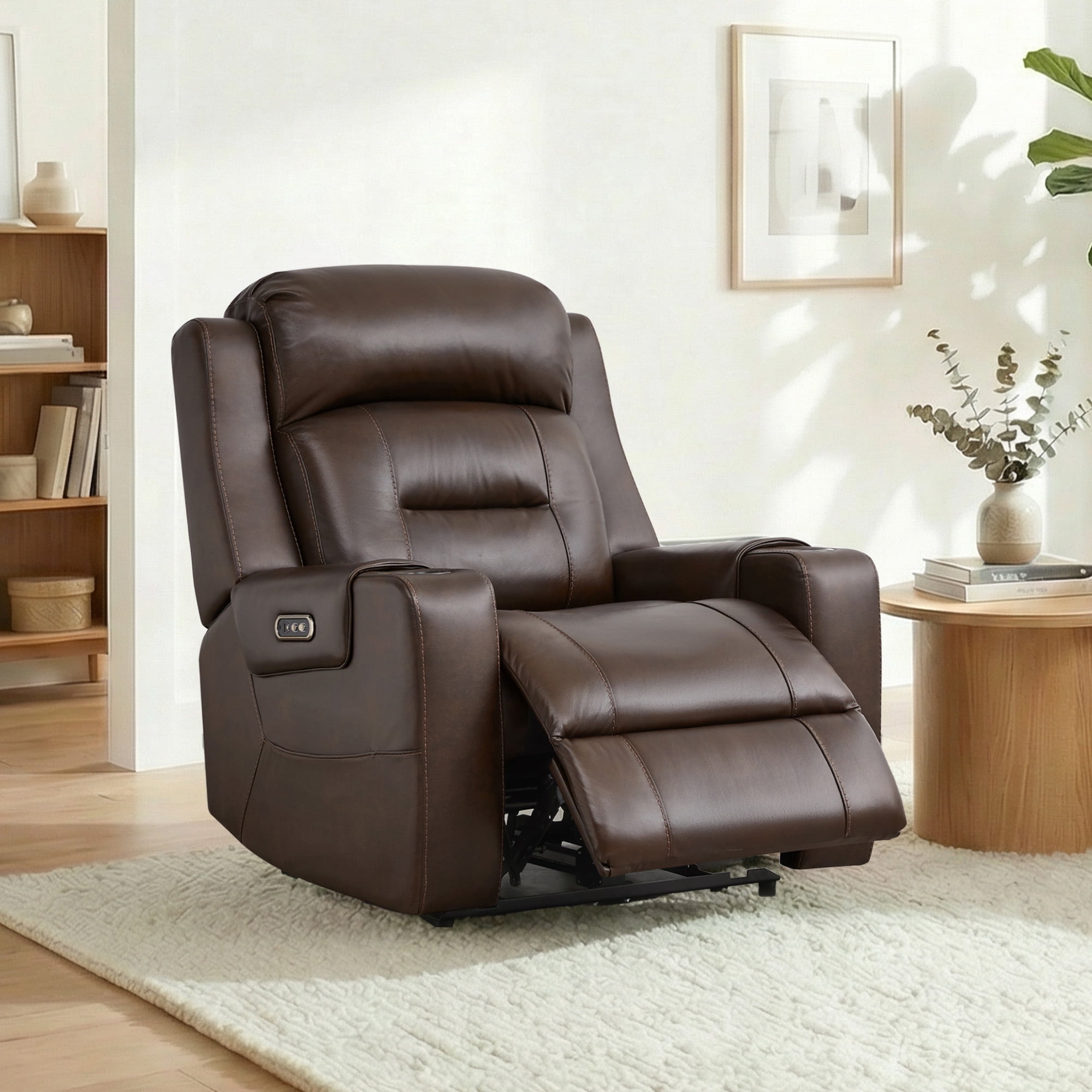 Spruce & Spring Lay-Flat Genuine Leather Power Recliner Chair with Headrest, Brown