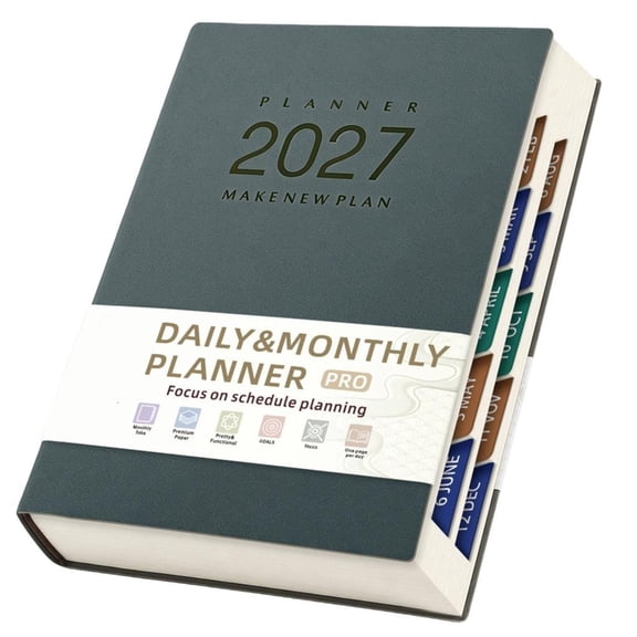 Lay Flat Planning Notebook with Daily Monthly Layout, PU Cover, Month Tabs, 320 Pages for Study Desk Records Use
