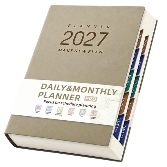 Lay Flat Planning Notebook with Daily Monthly Layout, PU Cover, Month Tabs, 320 Pages for Study Desk Records Use