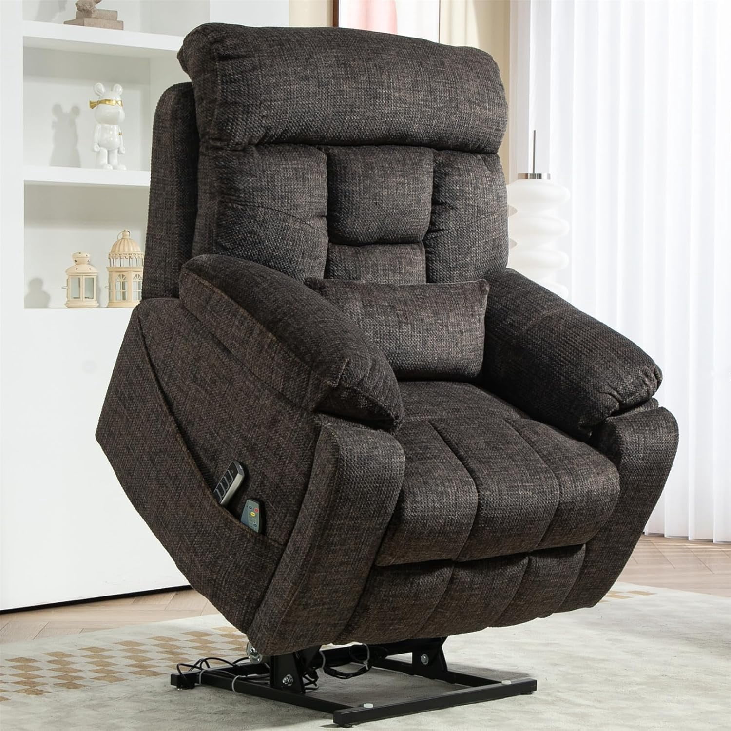 REHOUSING Adult Chenille Living Room Lay Flat Power Lift and Heat and Massage Recliner, Black