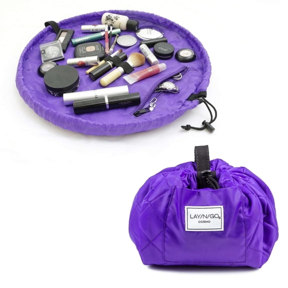 Lay-n-Go COSMO 20" Lay Flat Travel Cosmetic Makeup Bag, Drawstring Toiletry Organizer for Accessories, Essentials, Brushes - Purple