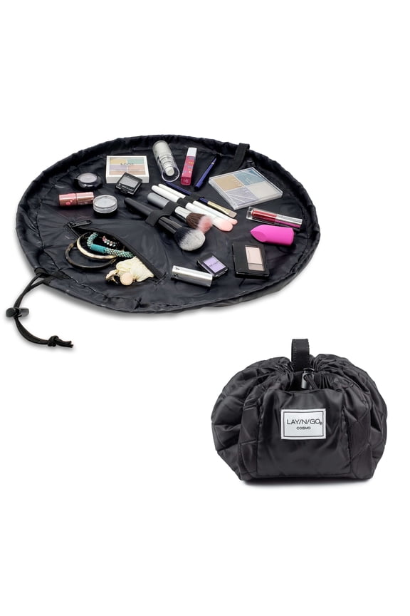 COSMO 20" Lay Flat Travel Cosmetic Makeup Bag, Drawstring Toiletry Organizer for Accessories, Essentials, Brushes - Black