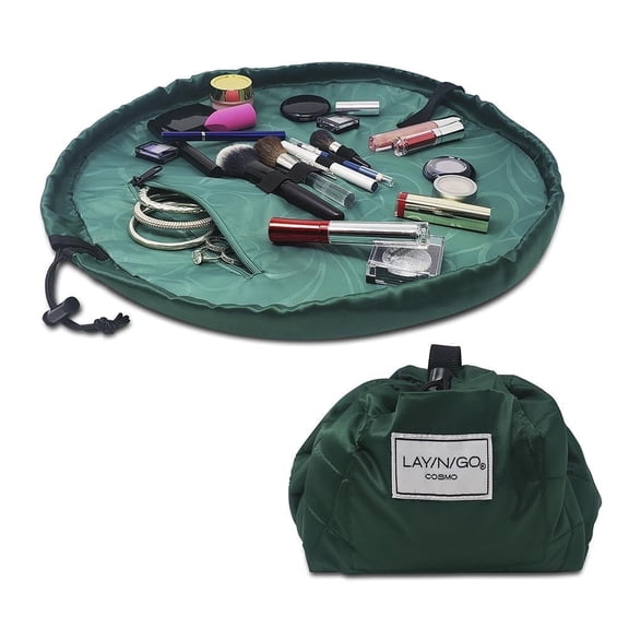 Lay-n-Go COSMO 20" Lay Flat Travel Cosmetic Makeup Bag, Drawstring Toiletry Organizer for Accessories, Essentials, Brushes - Evergreen