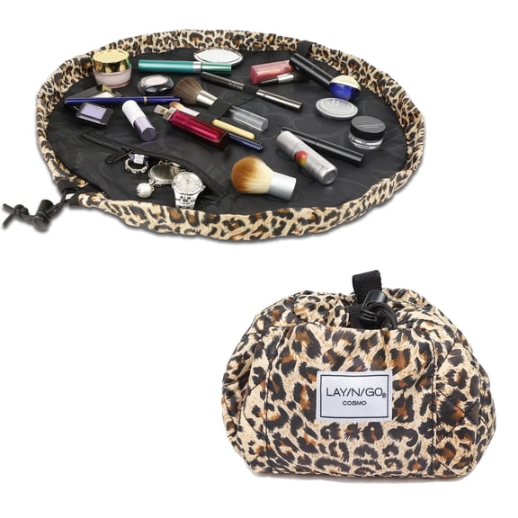 Lay-n-Go COSMO 20" Lay Flat Travel Cosmetic Makeup Bag, Drawstring Toiletry Organizer for Accessories, Essentials, Brushes - Leopard